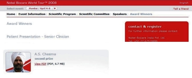 Nobel biocare website displays award winners